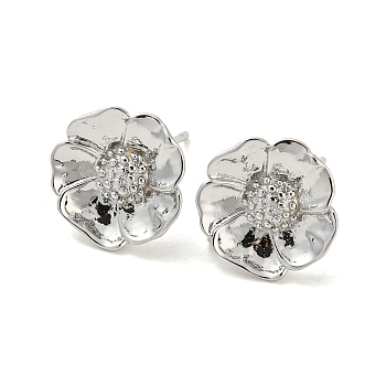 Brass Stud Earrings Findings, with Loops, Flower, Platinum, 12mm, Hole: 1.8mm, Pin: 11x0.7mm