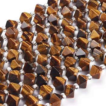Natural Tiger Eye Beads Strands, Faceted, with Seed Beads, Bicone, 9x9mm, Hole: 1.2mm, about 35~40pcs/strand, 16.14~16.33 inch(41~41.5cm)