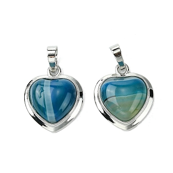 Dyed Natural Blue Banded Agate Pendants, Heart Charms with Rack Plating Platinum Plated Brass Findings, Cadmium Free & Lead Free, Cadmium Free & Lead Free, 23x19.5x8~9mm, Hole: 7x5mm