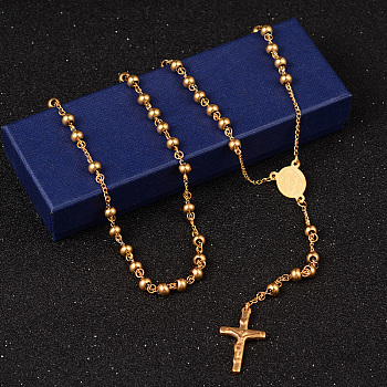 201 Stainless Steel Rosary Bead Necklaces, with Crucifix Cross Pendant, For Easter, Golden, 27.6 inch(70cm)