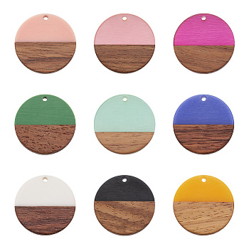 18Pcs 9 Colors Opaque Resin & Walnut Wood Pendants, Flat Round, Mixed Color, 28.5x3.5~4mm, Hole: 1.5mm