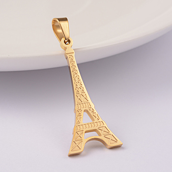 Ion Plating(IP) 304 Stainless Steel Pendants, Eiffel Tower, Golden, 33x15x2mm, Hole: 6x4mm