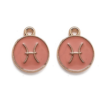 Alloy Enamel Pendants, Flat Round with Constellation/Zodiac Sign, Golden, Light Coral, Pisces, 15x12x2mm, Hole: 1.5mm
