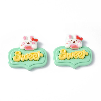 Opaque Resin Cabochons, Cartoon Style Speech Bubble Shape with Animal & Word, Rabbit Pattern, 26.5x28.5x6mm