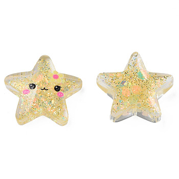 Printed Translucent Epoxy Resin Cabochons, with Paillettes, Star, Gold, 20x21x6.5mm