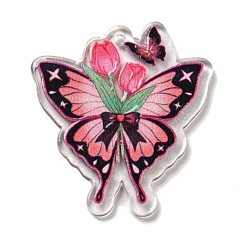 Acrylic Pendant, Buttfly with Flower Charm, Pink, 40x36x2mm, Hole: 2mm