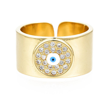 Evil Eye Enamel Wide Band Cuff Ring, Real 18K Gold Plated Brass Cubic Zirconia Open Ring for Women, Nickel Free, Cyan, US Size 6 1/2(16.9mm)