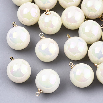 Acrylic Imitation Pearl Pendants, with Light Gold Tone Brass Loop, AB Color Plated, Round, Beige, 20x16mm, Hole: 1.6mm
