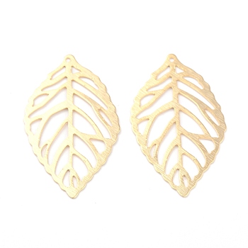Brass Pendants, Long-Lasting Plated, Leaf, Real 24K Gold Plated, 35x20x0.5mm, Hole: 1mm