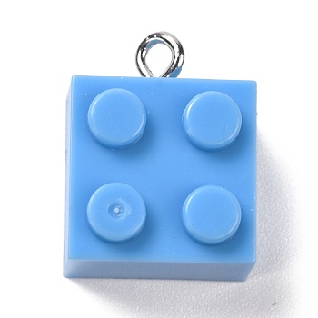 Resin Pendants, with Platinum Iron Loop, Toy Bricks, Cornflower Blue, 21x15.5x11mm, Hole: 2.6mm
