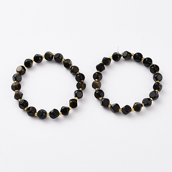 Natural Golden Sheen Obsidian Beads Stretch Bracelets, Faceted, Six Sided Celestial Dice, Inner Diameter: 1-7/8~2-1/8 inch(4.7~5.5cm)