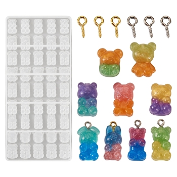 Pandahall 1Pc Bear Silicone Molds, Resin Casting Molds, with 100Pcs 2 Colors Iron Screw Eye Pin Peg Bails, White, 195x87x9mm, Inner Diameter: 16~18x11.5~19mm