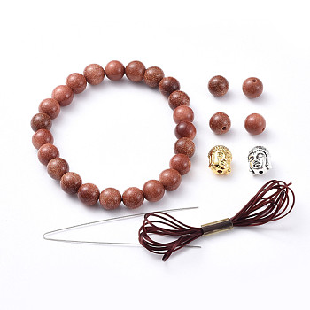 Stretch Bracelets, with Synthetic Goldstone Beads, Buddha Head Alloy Beads and Elastic Fibre Wire, 2 inch(5cm)
