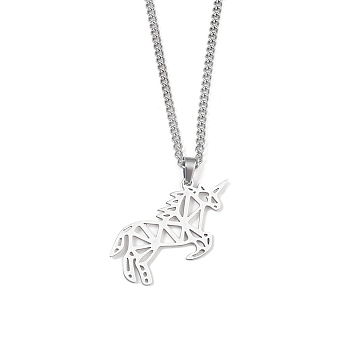 201 Stainless Steel Pendant Necklaces for Man, Unicorn, 23.70 inch(60.2cm), Unicorn: 33x39x1.3mm