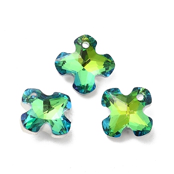 Electroplated Glass Pendants, Back Plated, Faceted, Clover Charms, Yellow Green, 14x14x6mm, Hole: 1.2mm
