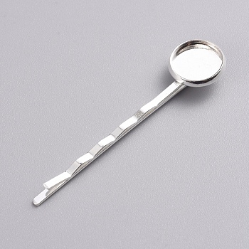 Iron Hair Bobby Pin Findings, with Brass Flat Round Tray, Silver, 60x14x5.8mm, Tray: 12mm