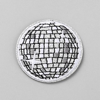 Computerized Embroidery Cloth Iron on/Sew on Patches, Appliques, Costume Accessories, Disco Planet, Silver, 53.5x1.5mm