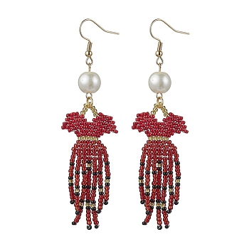 Handmade Seed Beads Dangle Earrings, with Glass Imitation Pearl, Halloween Dress, Red, 8.6~8.8x2.45cm