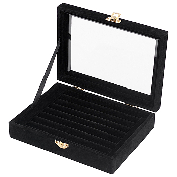 Cuboid Jewelry Displays, Covered with Velvet, with Glass Window and Hangers, Rectangle, Black, 20x16x4.9cm