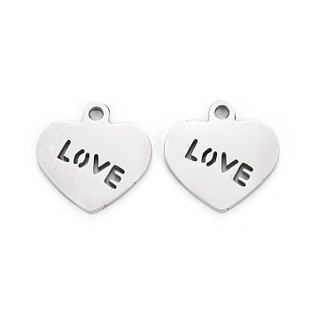 Valentine's Day 304 Stainless Steel Charms, Laser Cut, Heart with Word Love, Stainless Steel Color, 10x10x1mm, Hole: 1.2mm