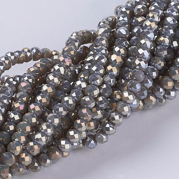 Electroplate Glass Beads Strands, Full Rainbow Plated, Faceted, Rondelle, Gray, 3~3.5x2~2.5mm, Hole: 0.8mm, about 135~140pcs/strand, 14.6 inch(37cm)