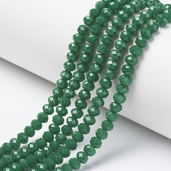 Opaque Solid Color Imitation Jade Glass Beads Strands, Faceted, Rondelle, Green, 4x3mm, Hole: 0.4mm, about 113~115pcs/strand, 41~41.5cm