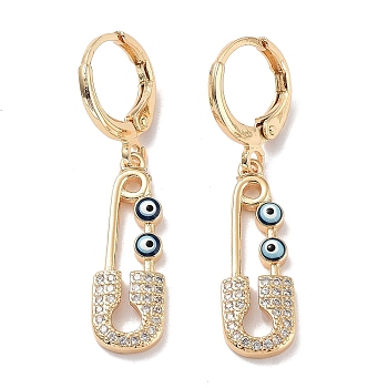 Real 18K Gold Plated Brass Dangle Leverback Earrings, with Enamel and Cubic Zirconia, Safety Pin with Evil Eye, Dark Blue, 36.5x8mm