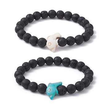2Pcs 2 Color Synthetic Turquoise Dolphin & Lava Rock Stretch Bracelets Set, Stackable Bracelets, Inner Diameter: 2-5/8 inch(6.7cm), 1Pc/color
