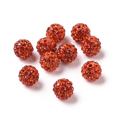 10mm OrangeRed Round Polymer Clay+Glass Rhinestone Beads