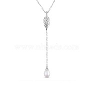 SHEGRACE Rhodium Plated 925 Sterling Silver Y-Shape Necklace, with AAA Cubic Zirconia and Pearl Pendant, Platinum, 15.7 inch(40cm)(JN651A)