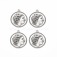 Tibetan Style Alloy Pendants, Cadmium Free & Lead Free, Flat Round with Face, Antique Silver, 26x23x2mm, Hole: 1.8mm, about 253pcs/1000g(TIBE-S320-208AS)