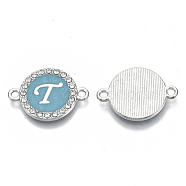 Alloy Enamel Links Connectors, with Crystal Rhinestones, Flat Round with Letter, Silver Color Plated, Letter.T, 22x16x2mm, Hole: 1.8mm(ENAM-TAC0003-01S-06T)