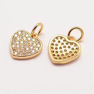 Brass Micro Pave Grade AAA Cubic Zirconia Charms, Long-Lasting Plated, Heart, Cadmium Free & Nickel Free & Lead Free, Real 18K Gold Plated, 11x10x2mm, Hole: 3mm(ZIRC-G090-25G-NR)