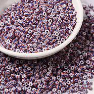 6/0 Opaque Colours Seep Glass Seed Beads, Round Hole, Round with Stripe Pattern, Plum, 3~4.5x3~4.5mm, Hole: 1.2~1.5mm(X-SEED-F003-04A-11)