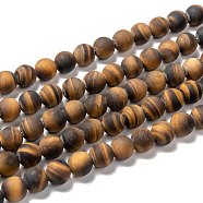 Natural Frosted Tiger Eye Round Bead Strands, Grade A, 10mm, Hole: 1.5mm, about 37~39pcs/strand, 14.9~15.6 inch(G-M064-10mm-02)