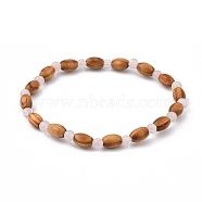 Stretch Beaded Bracelets, with Wood Beads and Natural Rose Quartz Beads, Inner Diameter: 2-1/4 inch(5.6cm)(BJEW-JB05418-04)