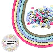 DIY Bracelet Making Kits, with Disc Handmade Polymer Clay Beads Strands and Elastic Crystal Thread, Mixed Color, 6x1mm, Hole: 2mm, about 380~400pcs/strand, 17.7 inch, 5 colors, 1 strand/color, 5 Strands(DIY-YW0003-92D)