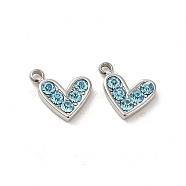 304 Stainless Steel Pendants, with Rhinestone, Heart Charms, Aquamarine, 9x10x2mm, Hole: 1.4mm(STAS-L025-005P-02)