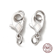 Rhodium Plated 925 Sterling Silver Lobster Claw Clasps with Jump Rings, Rhombus, Platinum, 11x6x2mm(STER-D006-22P)