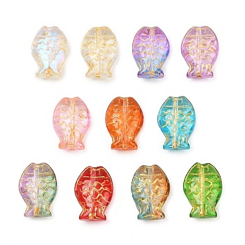 Electroplate and Golden Metal Enlaced Glass Beads, Fish, Mixed Color, 14.5x10x6mm, Hole: 1.2mm