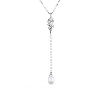 SHEGRACE Rhodium Plated 925 Sterling Silver Y-Shape Necklace, with AAA Cubic Zirconia and Pearl Pendant, Platinum, 15.7 inch(40cm)