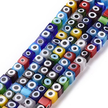Handmade Lampwork Beads, Cube with Evil Eye, Mixed Color, 5.5x5.5x5.5mm, Hole: 0.7mm, about 64pcs/strand, 14.37''(36.5cm)