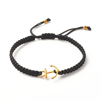 Alloy Anchor Braided Bead Bracelet, Adjustable Friendship Bracelet for Women, Black, Inner Diameter: 2-1/2~3-1/4 inch(6.2~8.4cm)