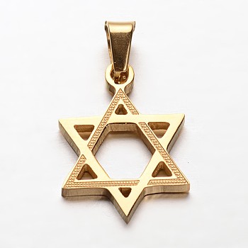 Star of David 304 Stainless Steel Pendants, for Jewish, Golden, 22x16x2mm, Hole: 4x7mm