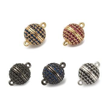Brass Micro Pave Cubic Zirconia Magnetic Clasps with Loops, Round, Mixed Color, 14x10mm, Hole: 1mm