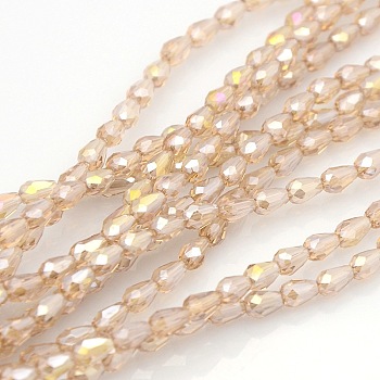 Electroplate Crystal Glass Teardrop Beads Strands, Faceted, AB Color Plated, Wheat, 5x3mm, Hole: 1mm, about 100pcs/strand, 17.7 inch