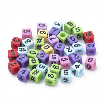 Opaque Acrylic Beads, Cube with Number, Mixed Color, 6x6x6mm, Hole: 3.5mm, about 2000pcs/500g