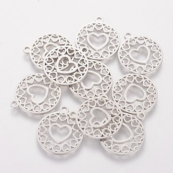 201 Stainless Steel Pendants, Flat Round with Heart, Stainless Steel Color, 18x16x1.1mm, Hole: 1.5mm