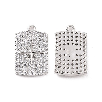 Brass Micro Pave Clear Cubic Zirconia Pendants, Rectangle with Star Charm, Platinum, 21.5x13x2.5mm, Hole: 1.6mm
