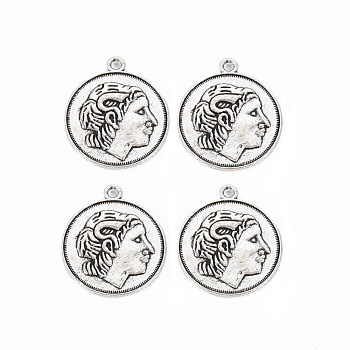 Tibetan Style Alloy Pendants, Cadmium Free & Lead Free, Flat Round with Face, Antique Silver, 26x23x2mm, Hole: 1.8mm, about 253pcs/1000g